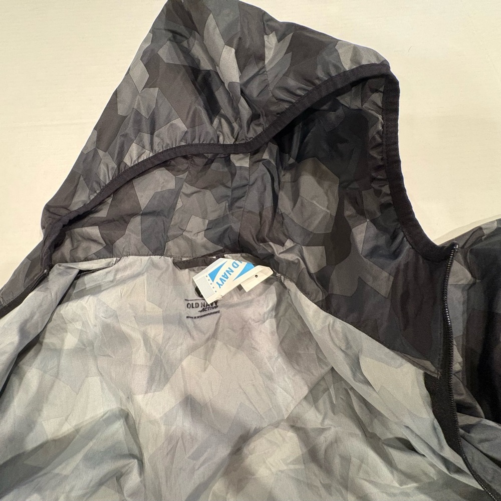 Old Navy Black Gray Camouflage Small Full zip Hooded Windbreaker NWT - Picture 9 of 12